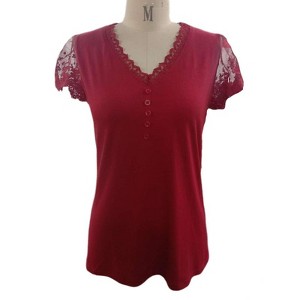 Coolmee Women Short Sleeve Lace V Neck Shirts Ribbed Knit Fitted Basic Tee Tops Business Dressy Casual Summer Blouses T-Shirt - 1 of 2