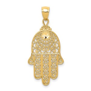 Black Bow Jewelry 14k Yellow Gold Diamond-Cut Filigree Hamsa Pendant, 16 x 36mm - 1 of 4