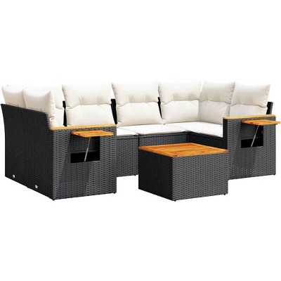 vidaXL 7 Piece Patio Sofa Set with Cushions Black Poly Rattan - Black and Cream