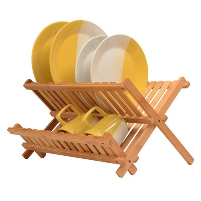 Photo 1 of Bambusi Bamboo Dish Rack, Foldable Drying Collapsible Dish Drainer Wooden Plate Rack.