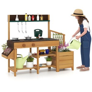 Costway Play Kitchen for Kids Wooden Toy Kitchen Playset with Removable Faucet & Sink Brown/Yellow - 1 of 4