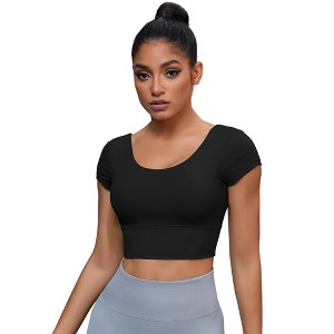 INSPIRE CHIC Women's U Neck Short Sleeve Deep V Back Workout Tank Tops with Bulit in Bra - 1 of 4