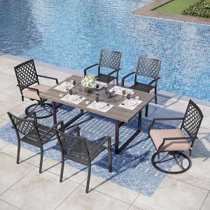 Captiva Designs 7pc Patio Dining Driftwood Finihsed Rectangle Table with Umbrella Hole & Metal Arm Chairs - 1 of 4