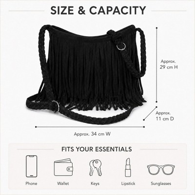 Alilang Women's Fringe Crossbody Bag Black Suede Look Boho Shoulder Purse with Braided Strap - Black — фото 2