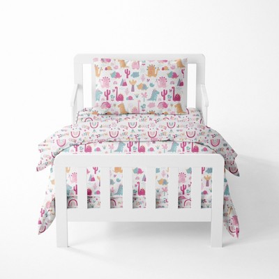 Bacati - Little Dino Girls Fuchsia/Aqua Muslin 5 pc Toddler Bedding Set with Dec Pillow