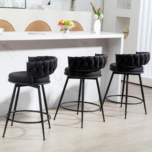 DYHOME 24 inch Bar Stools Set of 3, Modern Counter Height Bar Stools, 360° Swivel Suede Fabric Stool Chairs with Woven Back and Footrest - 1 of 4