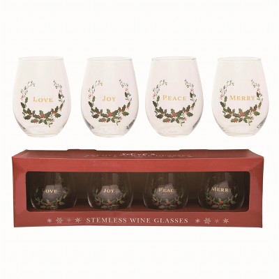 Transpac Glass Clear Christmas 18oz Stemless Wine Glasses Set of 4