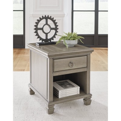 Gray Rectangular Wooden End Table with Storage and USB Ports