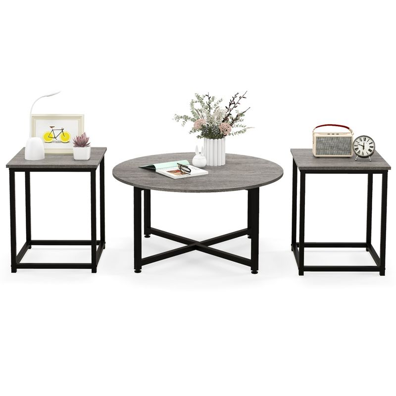 Costway 3 PCS Coffee Table Set Round Coffee Table and 2 PCS Square End Tables Metal Frame, 1 of 11