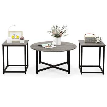 Costway 3 PCS Coffee Table Set Round Coffee Table and 2 PCS Square End Tables Metal Frame