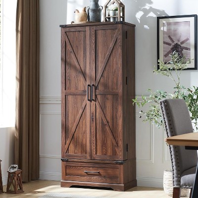 SinCiDo 72" Farmhouse Storage Cabinet, Kitchen Storage Upright Cabinet, w/ 2 Barn Doors & Adjustable Shelves, a Drawers,Multi Functional Large Cabinet