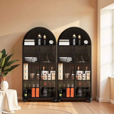 Set of 2 Arched Industrial Metal Display Cabinet with Tempered Glass Doors,Freestanding Storage Organizer for Living Room Kitchen-Baofuwish