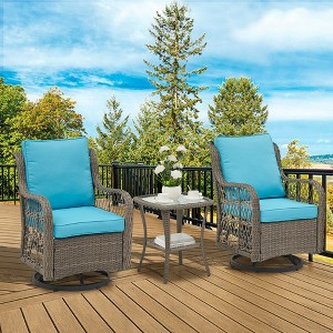 COZONY 3 Piece Outdoor Wicker Swivel Chair Set, 2 Swivel Rocker Patio Chairs with Rattan Side Table, Blue Cushions - 1 of 4