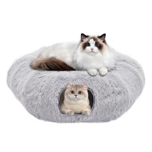SEVOBAL Pet Beds Cat Tunnel with Cat Bed for Indoor, Soft Plush Peekaboo Cat Cave Donut Tunnel, for Cats Kittens, Rabbit, Gray, 35.83"*35.83"*11.42" - 1 of 4