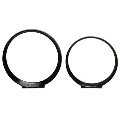 Sagebrook Home Set of 2 Metal Ring Sculptures - Modern Abstract Black Aluminum 12" and 14" Circular Sculpture Decor For Home or Office