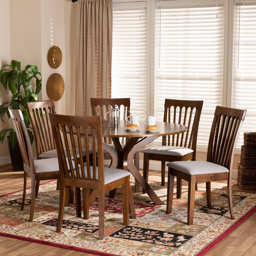 Photos - Dining Table 7pc Dining Set Wood and Lore Fabric Upholstered and Wood Gray/Walnut - Bax