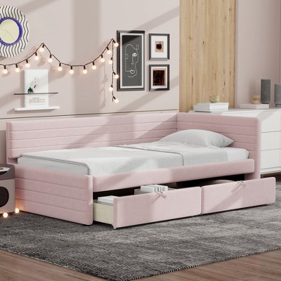 Twin Size Daybed, Upholstered Wooden Platform Bed Frame With Twin Size Trundle/Drawers -ModernLuxe