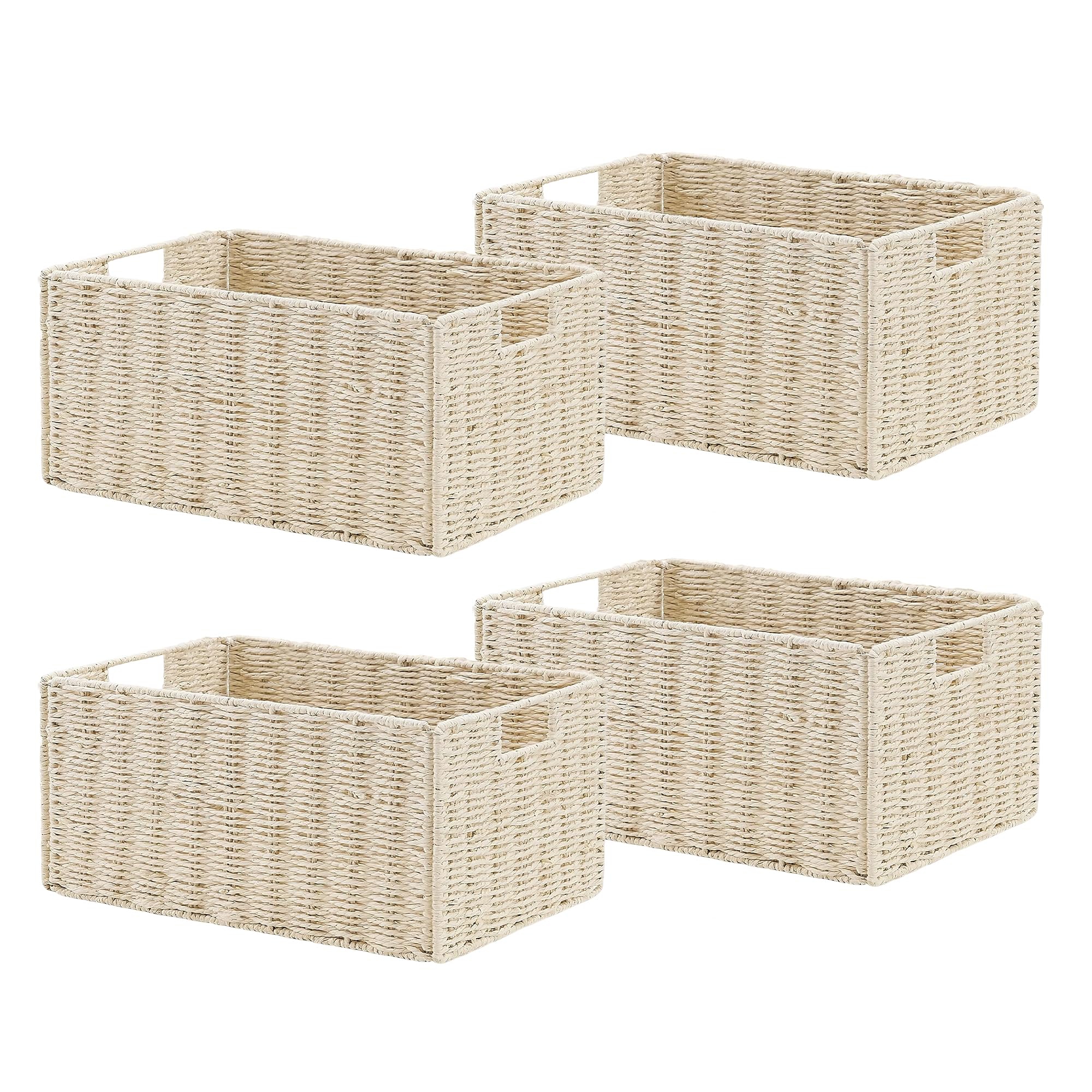 Handcrafted Paper Rope Storage Basket Set of 4, Foldable Natural Organizer Bins with Handles for Shelves, Bathroom, and Home Styling, Beige