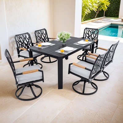 Christopher Knight Home Vale 7pcs Outdoor Aluminum and Sunbrella Cushions Dining Set with 6 Swivel Rockers Chairs and 59" Rectangular Table