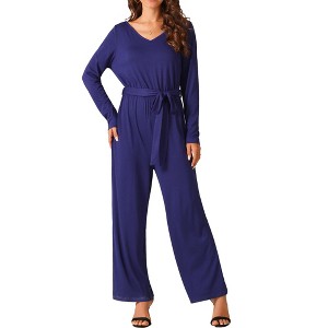 Seta T Women's Long Sleeve V Neck Belted Back Zipper Stretchy Wide Leg Long Pants Jumpsuit Rompers - 1 of 4