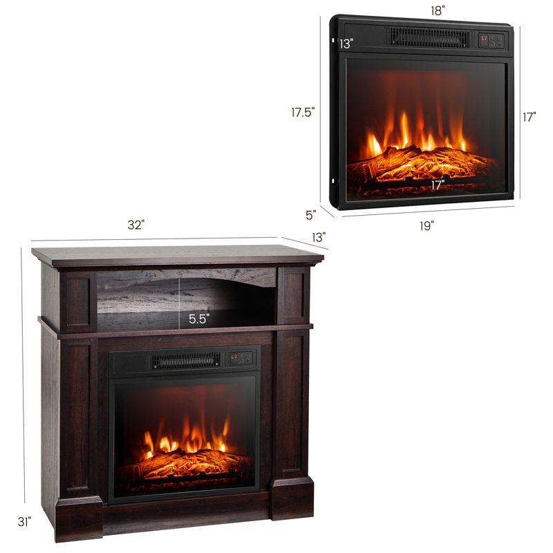 Tangkula 32" Electric Fireplace with Mantel 1400W Freestanding Heater with Remote Control & Thermostat White/Brown, 4 of 11