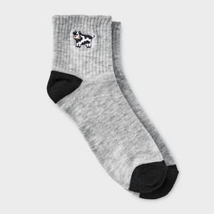 Women's Embroidered Cow Ribbed Ankle Socks - Heather Gray 4-10: Lightweight, Recycled Polyester, Banded Cuff, Machine Washable - 1 of 3