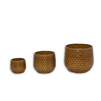 Vynxaria 3-Piece Striped Ceramic Flowerpot Set for Stylish Indoor & Outdoor Use