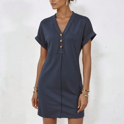 Knit & Lounge Women’s Short Sleeve Polo Neck T-Shirt Dress Rolled Cuff Detail Front Button Casual Fit