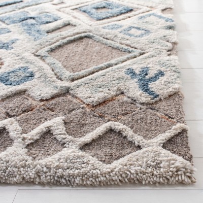 Beige and Navy Hand-Tufted Wool Moroccan Shag Runner Rug