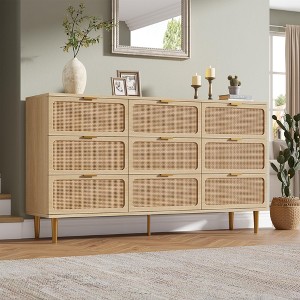 Rattan 9 Drawer Dressers for Bedroom, Tall Dresser with Deep Drawers, Large Chest of Drawers for Closet with Wide Top, Long Wooden Dresser - 1 of 4
