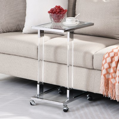 VYNXARIA Chrome Glass Side Table, Acrylic End Table,Glass Top C Shape Square Table with Metal Base for Living Room,Bedroom,Balcony Home and Office