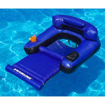 Blue Nylon Inflatable Pool Lounger with Armrests and Cup Holder
