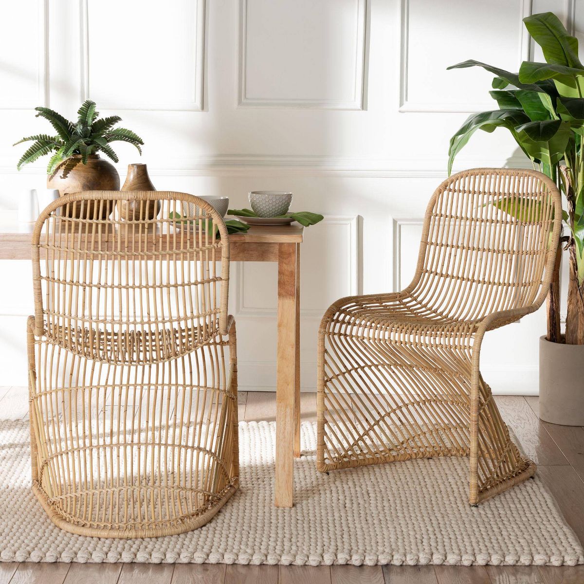 bali & pari Rosalba Bohemian Rattan 2  Piece S  Curve Dining Chair Set Light Honey - thumbnail 4