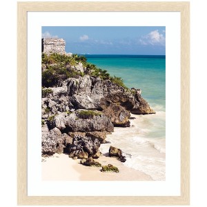 Kate and Laurel Framed Art Tulum Ruins Mexico Seascape by Stephanie Klatt, 22x26, Woodgrain Stripe Blonde - 1 of 4