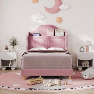 GustoWave Upholstered Twin Bed Frame, with Wing Back Storage Headboard and Led Lights - 1 of 4