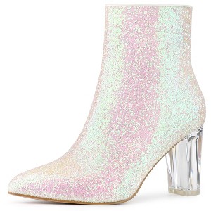 Allegra K Women's Zip Closure Pointed Toe Clear Block Heel Halloween Glitter Ankle Boots - 1 of 4