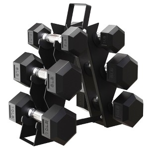 BalanceFrom Rubber Encased Hex Dumbbell Set, Pairs of 5, 8, and 10 Pound Weights with Rack and Contoured Handles for Strength Training, Black - 1 of 4