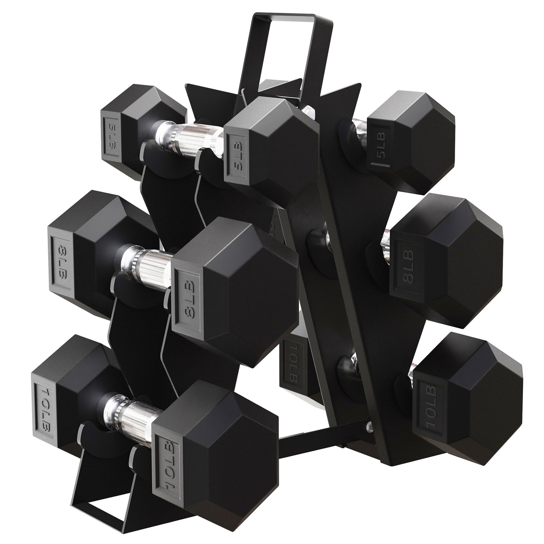 BalanceFrom Rubber Encased Hex Dumbbell Set, Pairs of 5, 8, and 10 Pound Weights with Rack and Contoured Handles for Strength Training, Black