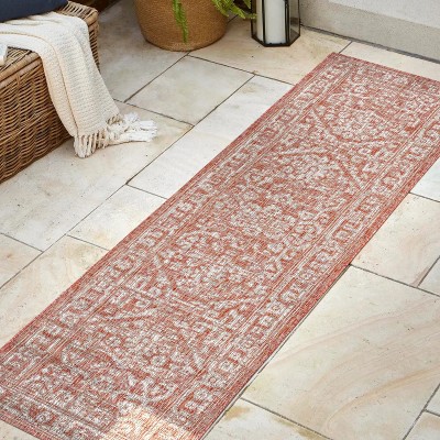 Red and Taupe Synthetic Medallion Flatweave Runner Rug