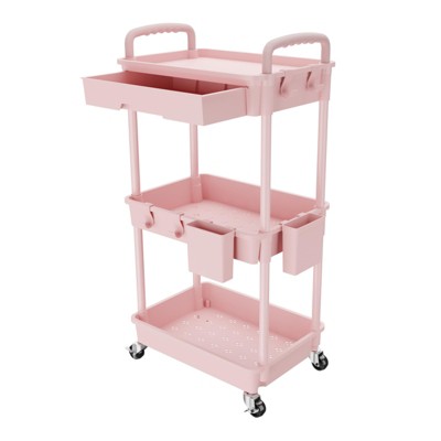 YIGII 3 Tier Rolling Utility Cart with Drawer,Storage Cart,Rolling Cart for Kitchen,Bathroom,Living Room,Storage Organizer with Iron Wheels(¨Pink)