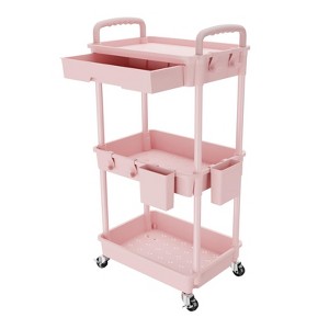 YIGII 3 Tier Rolling Utility Cart with Drawer,Storage Cart,Rolling Cart for Kitchen,Bathroom,Living Room,Storage Organizer with Iron Wheels(¨Pink) - 1 of 4