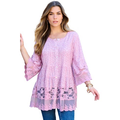 Roaman's Women's Plus Size Illusion Lace Big Shirt - 34 W, Mauve ...