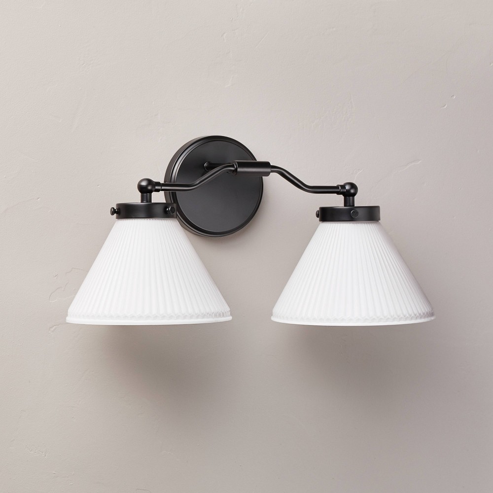 Photos - Light Bulb Reeded Milk Glass 2-Bulb Vanity Wall Sconce Black Finish - Hearth & Hand™