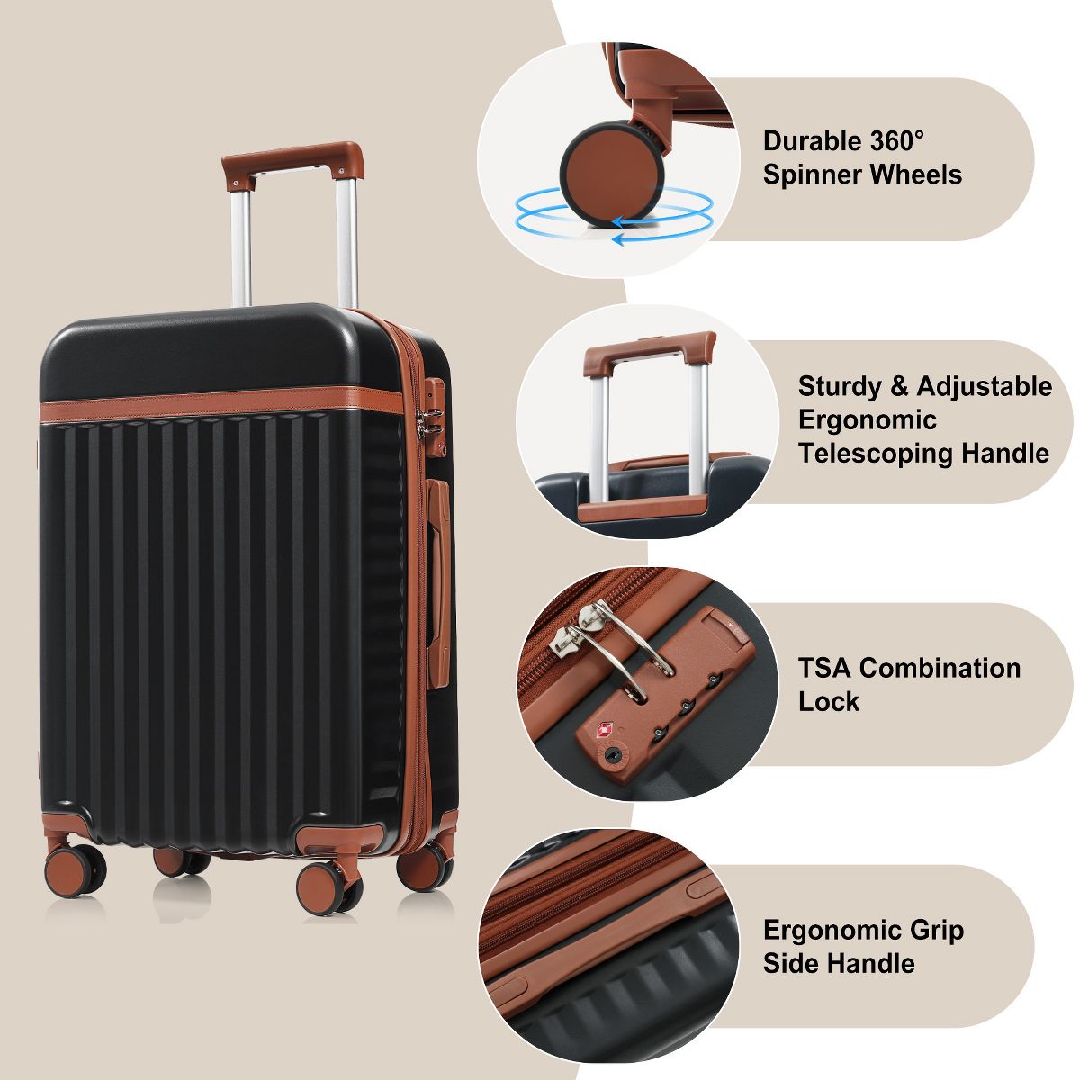 Polibi Luggage Set 3 Piece, 20 Inch Front Opening Design and 24/28 Inch Checked Suitcase with Spinner Wheels - thumbnail 7
