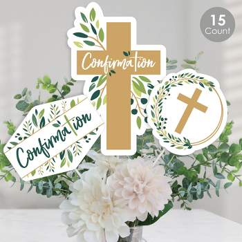 Big Dot of Happiness Confirmation Elegant Cross - Religious Party Centerpiece Sticks - Table Toppers - Set of 15