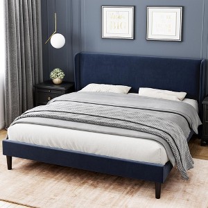 Whizmax Queen/Full Size Bed Frame with Wingback, Velvet Platform Bed with Upholstered Headboard, Solid Wood Slats Support, No Box Spring Needed - 1 of 4