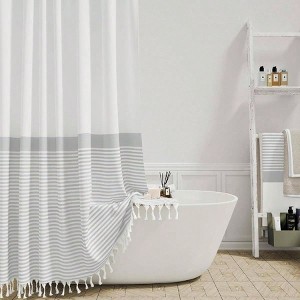 Grey Fabric Shower Curtain, Farmhouse Boho Striped Tassel Curtain Set with Hooks, Water Repellent, Wrinkle Free 72x72 - 1 of 4