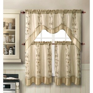 GoodGram Daphne Embroidered Kitchen Curtain Set - 56 in. W x 36 in. L, Beige/Gold - 1 of 3