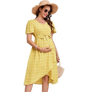 Maternity Maxi Dress Wrap V Neck Baby Shower Pregnancy Dresses for Photoshoot With Button - 1 of 4
