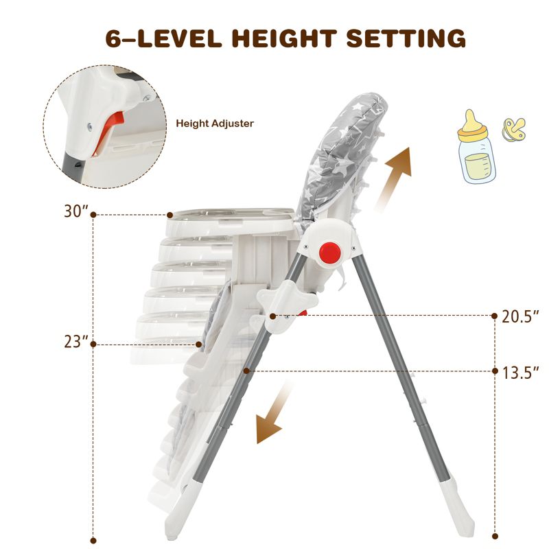Infans Folding Baby High Chair Dining Chair w/6-Level Height Adjustment Gray, 4 of 8